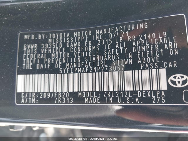 Toyota COROLLA LE 2022 5YFEPMAE2NP273067 Image 9
