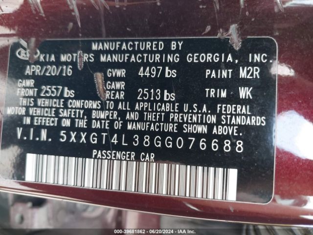 5XXGT4L38GG076688 KIA Optima Lx