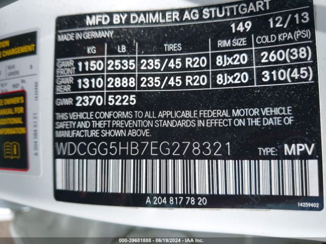 WDCGG5HB7EG278321 Mercedes-Benz GLK 350