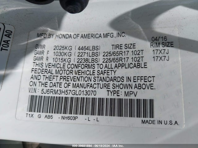 Honda CR-V EX 2016 5J6RM3H57GL013070 Image 9