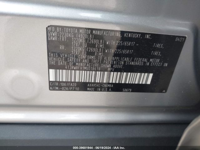 4T3RWRFV1MU018618 Toyota Rav4 Hybrid Xle