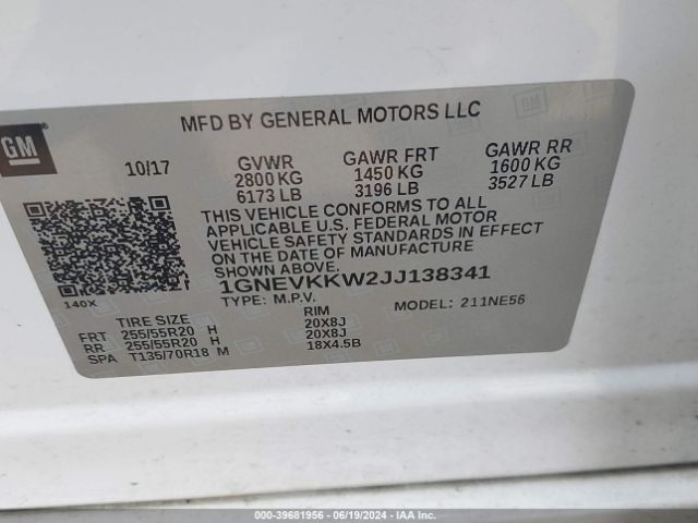 1GNEVKKW2JJ138341 Chevrolet Traverse High Country