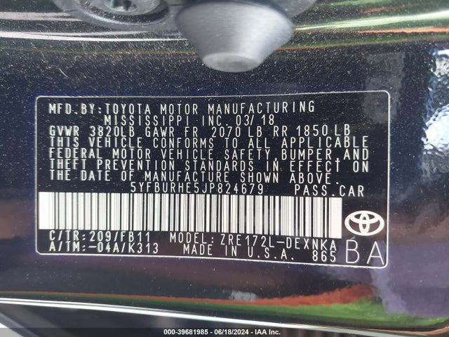 Toyota COROLLA LE 2018 5YFBURHE5JP824679 Image 9