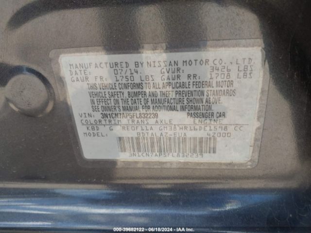 3N1CN7AP5FL832239 Nissan Versa 1.6 S+
