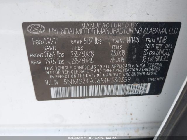5NMS24AJ6MH330359 Hyundai Santa Fe Sel