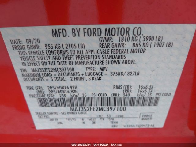 MAJ3S2FE2MC397100 Ford ECOSPORT S