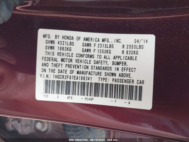 39682354 :رقم المزاد ، 1HGCR2F87EA196341 vin ، 2014 Honda Accord Ex-l مزاد بيع