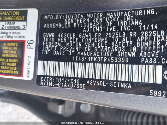 Toyota CAMRY LE 2015 4T4BF1FK3FR459399 Image 9