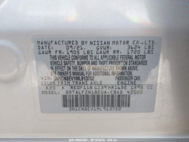 3N1CN8EV1ML913752 Nissan Versa Sv Xtronic Cvt