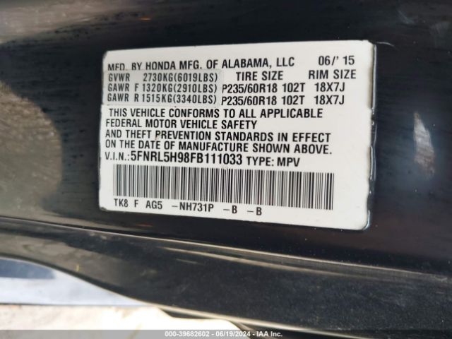5FNRL5H98FB111033 Honda Odyssey Touring/touring Elite