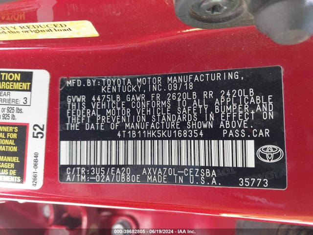 Toyota CAMRY SE 2019 4T1B11HK5KU168354 Image 9