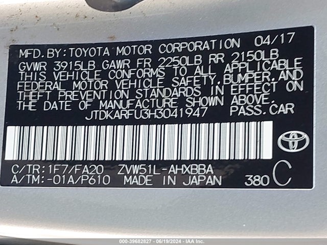 Toyota Prius Two Eco 2017 JTDKARFU3H3041947 Image 9