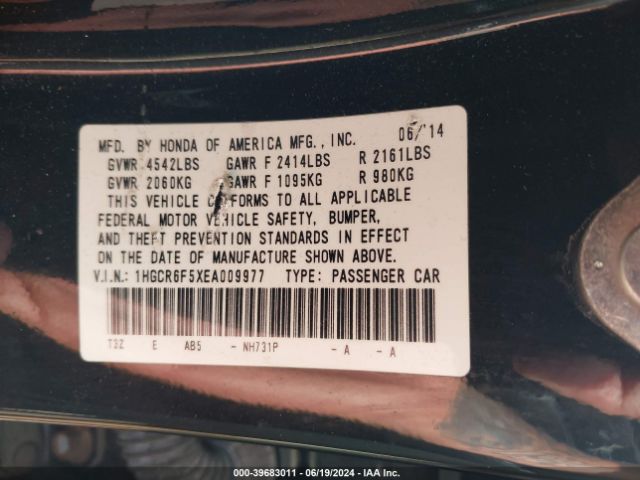 1HGCR6F5XEA009977 Honda Accord Hybrid Ex-l