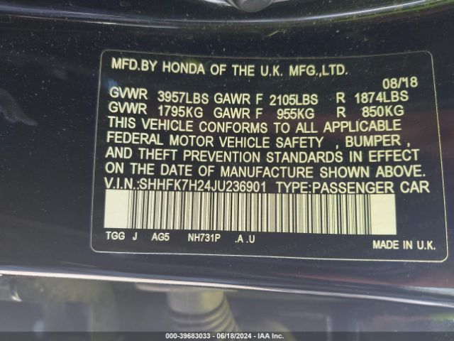 SHHFK7H24JU236901 Honda Civic Lx