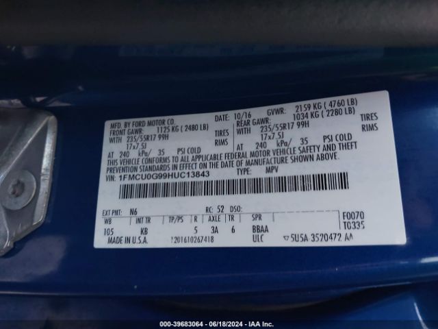 1FMCU0G99HUC13843 Ford ESCAPE SE