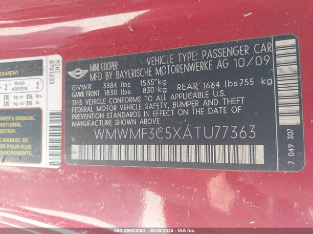 2010 MINI COOPER WMWMF3C5XATU77363 Photo 8