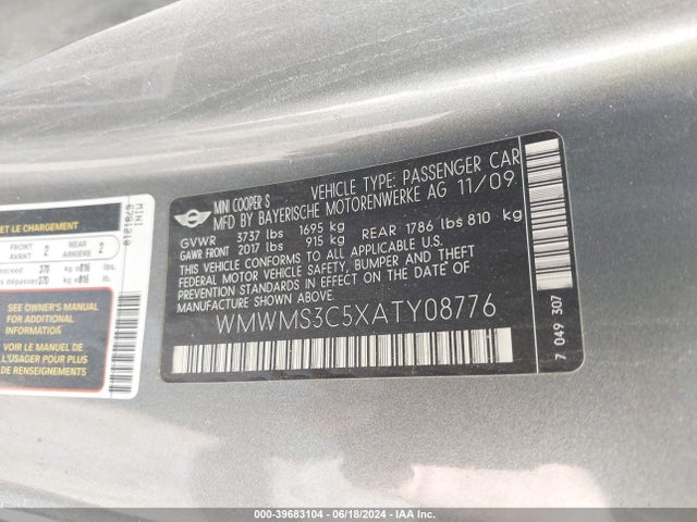 2010 MINI COOPER S WMWMS3C5XATY08776 Photo 8