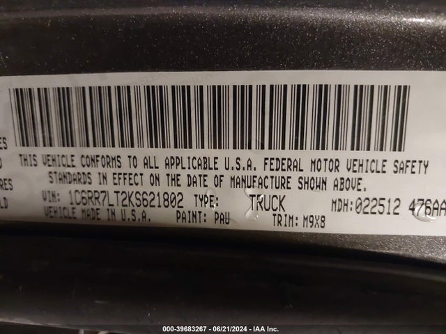 1C6RR7LT2KS621802 RAM 1500 Classic Big Horn  4x4 5'7 Box
