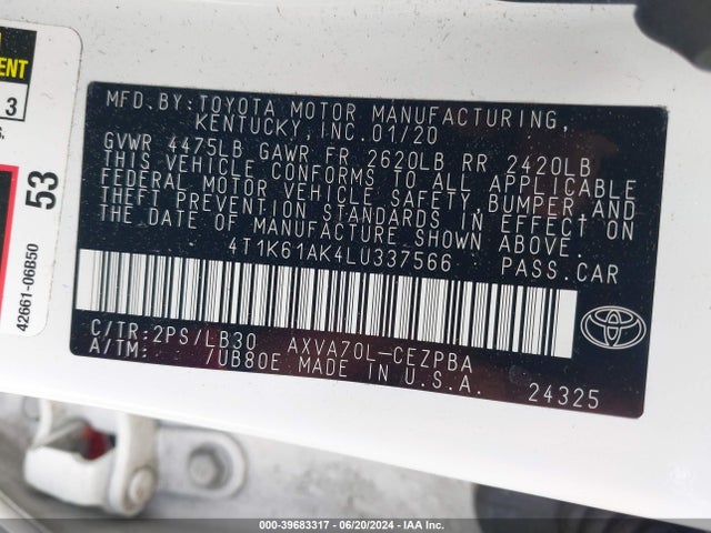 Toyota CAMRY XSE 2020 4T1K61AK4LU337566 Image 9