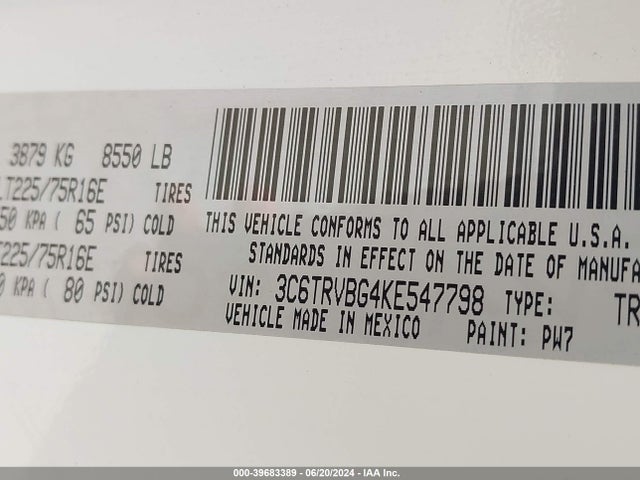 3C6TRVBG4KE547798 RAM Promaster 1500 High Roof 136 Wb