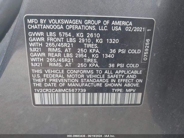 1V2CR2CA8MC567739 Volkswagen Atlas 3.6l V6 Sel R-line