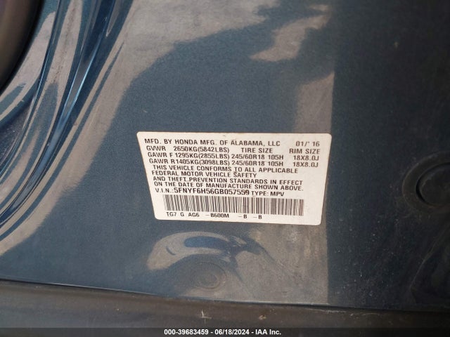 Honda Pilot Ex-l 2016 5FNYF6H56GB057559 Image 9