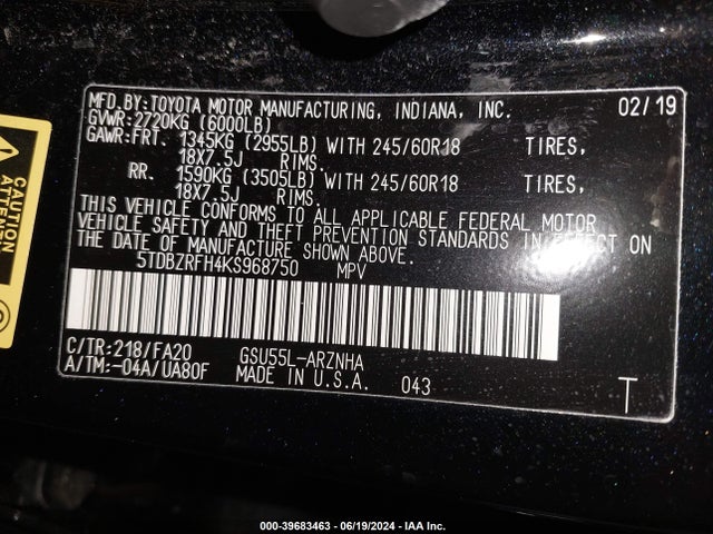 Toyota Highlander Le Plus 2019 5TDBZRFH4KS968750 Image 9
