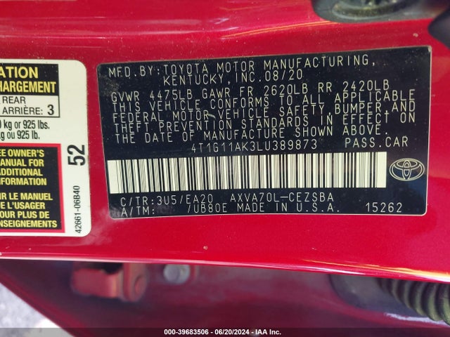 Toyota CAMRY SE 2020 4T1G11AK3LU389873 Image 9