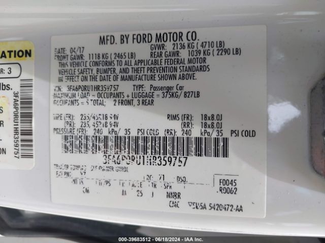3FA6P0RU1HR359757 Ford Fusion Hybrid Titanium