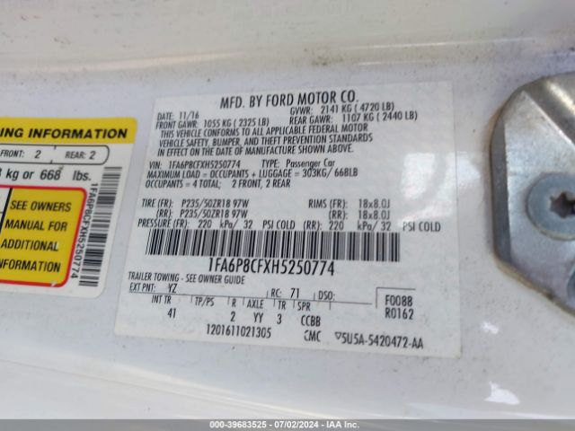 1FA6P8CFXH5250774 Ford Mustang Gt Premium
