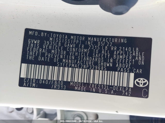 Toyota COROLLA LE 2022 5YFEPMAE2NP329685 Image 9