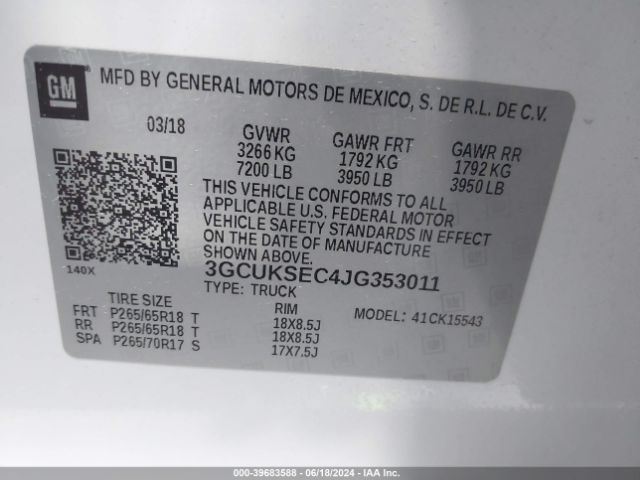 3GCUKSEC4JG353011 Chevrolet Silverado 1500 1lz