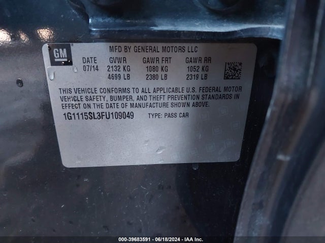 Chevrolet IMPALA 1LT 2015 1G1115SL3FU109049 Image 9