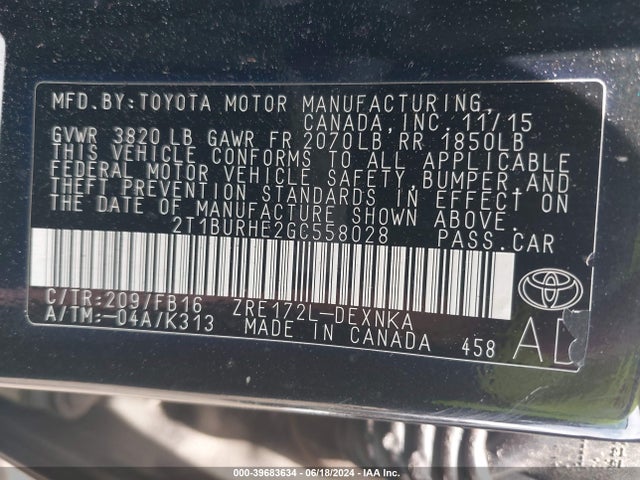 Toyota COROLLA LE 2016 2T1BURHE2GC558028 Image 9