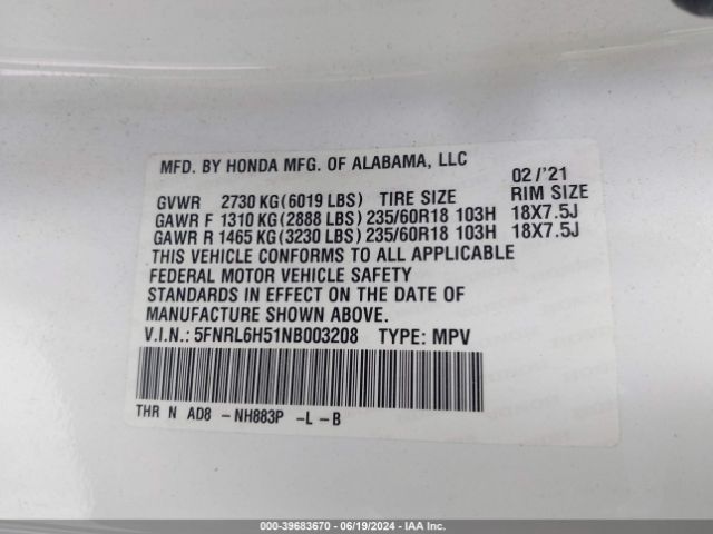 5FNRL6H51NB003208 Honda ODYSSEY EX