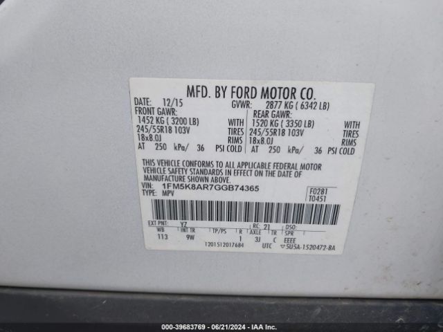 1FM5K8AR7GGB74365 Ford Utility Police Interceptor