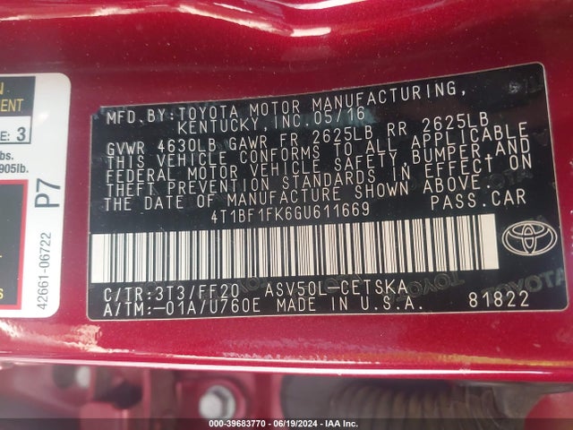 Toyota CAMRY SE 2016 4T1BF1FK6GU611669 Image 9