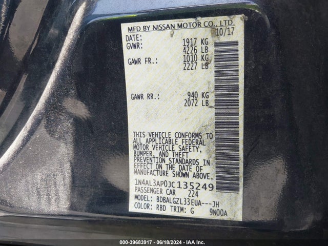 Nissan Altima 2.5 S 2018 1N4AL3AP0JC135249 Image 9