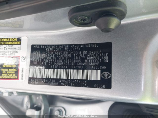 4T1F11AK4PU837183 Toyota CAMRY XLE