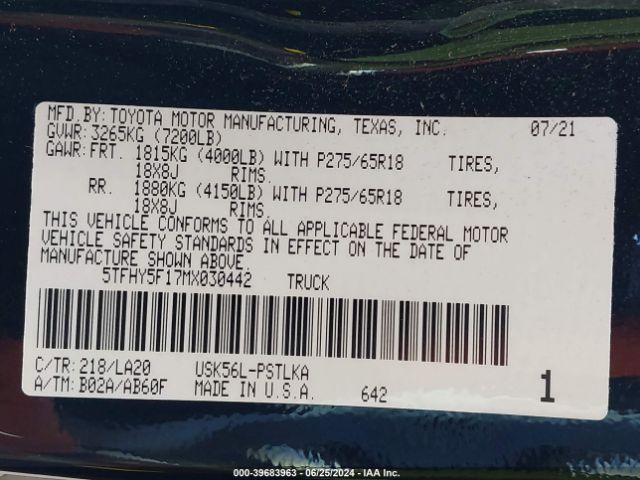 5TFHY5F17MX030442 Toyota Tundra Limited