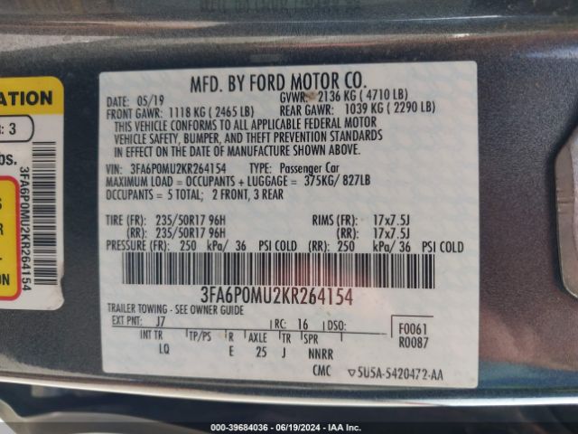 3FA6P0MU2KR264154 Ford Fusion Hybrid Sel