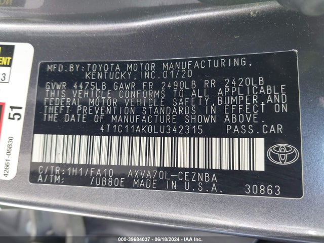 Toyota CAMRY LE 2020 4T1C11AK0LU342315 Image 9