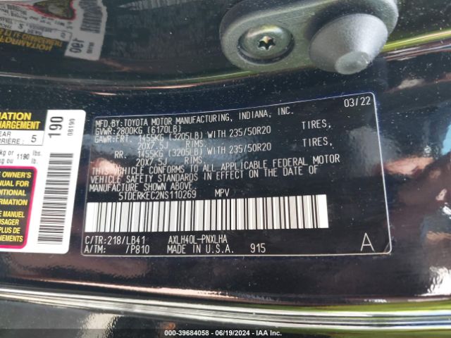 5TDERKEC2NS110269 Toyota Sienna Platinum