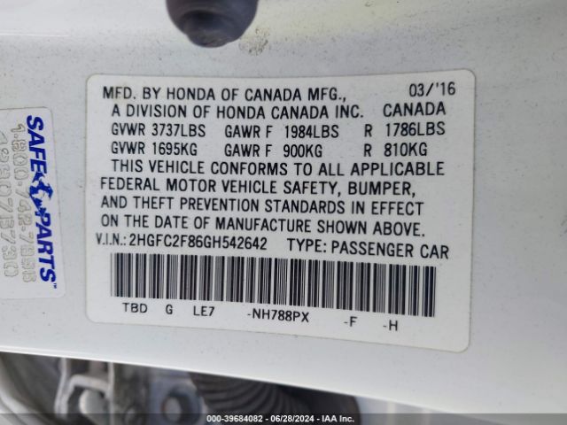 2HGFC2F86GH542642 Honda CIVIC EX