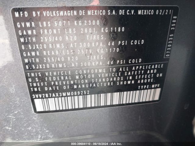 3VV2B7AX3MM089252 Volkswagen Tiguan 2.0t Se/2.0t Se R-line Black/2.0t Sel