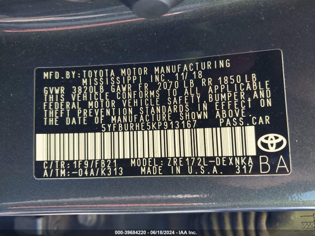 Toyota COROLLA LE 2019 5YFBURHE5KP913167 Image 9