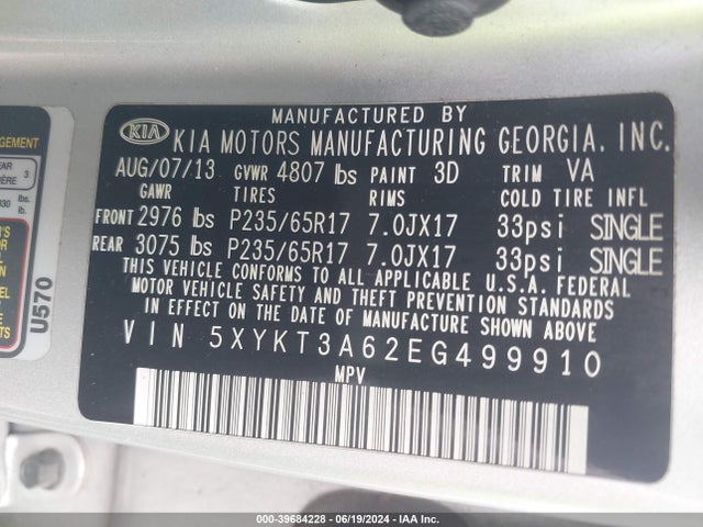 KIA SORENTO LX 2014 5XYKT3A62EG499910 Image 9