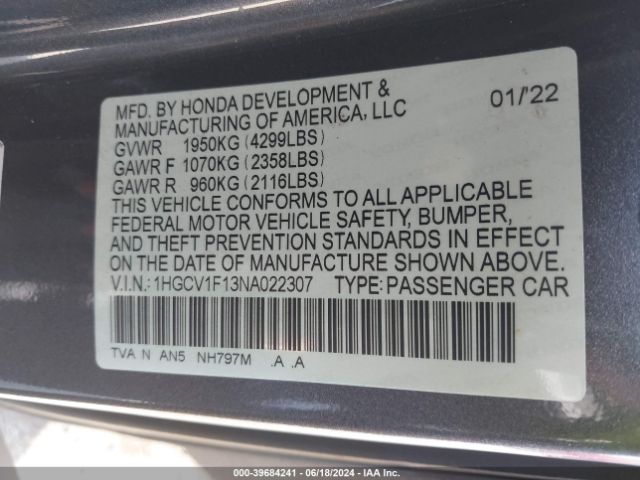 1HGCV1F13NA022307 Honda ACCORD LX
