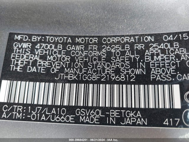 JTHBK1GG8F2196812 Lexus ES 350