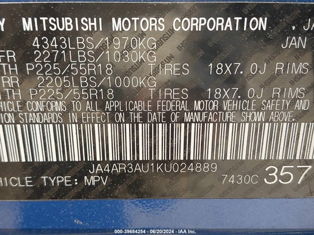 JA4AR3AU1KU024889 Mitsubishi Outlander Sport 2.0 Es